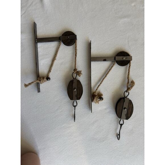Pulley Mounting Brackets With Hook Rustic Vintage Inspired Metal Wood Twine Set - Picture 4 of 10